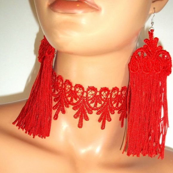 Red Lace Tassel Jewelry Set, Red Lace Tassel Earrings & Choker, Red Jewelry Set - Picture 3 of 4